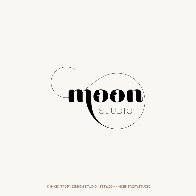 May include: Black and white logo design for a business called "moon studio". The word "moon" is stylized with a curved line that forms a circle around the word.