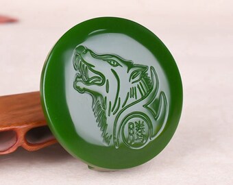 Natural AAA jadeite jade dark green jade good luck round good luck charm wolf head belt buckle