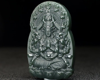 Chinese Miao Silver Carving Buddha Guanyin Lotus Hollow Lucky Amulet Pendant 