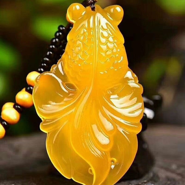 Natural AAA dark light yellow jadeite jade good luck square 3D goldfish fish good luck pendant necklace