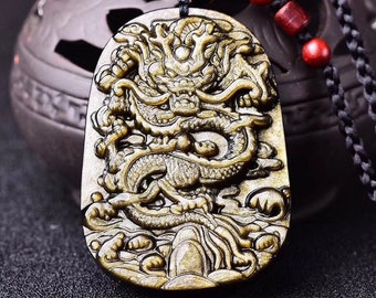 Free Delivery - Natural AAA Gold Obsidian Hand Carved Jade Dragon Good Luck Pendant Necklace