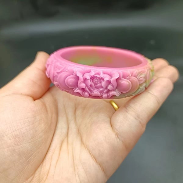 Free delivery - Natural  jadeite jade dark pink green good luck Carving Peony Flower jade bangle Custom bangle size