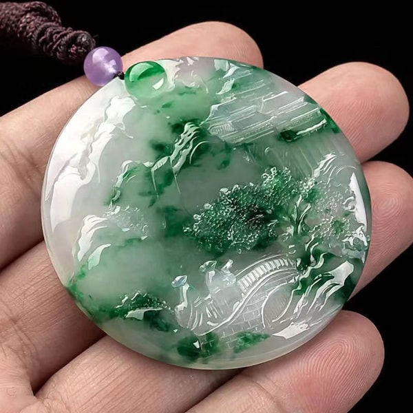 New natural AAA jadeite jade dark white green jade good luck round landscape pendant necklace