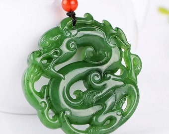 Natural AAA jadeite jade dark green jade good luck round 3d dragon pendant necklace