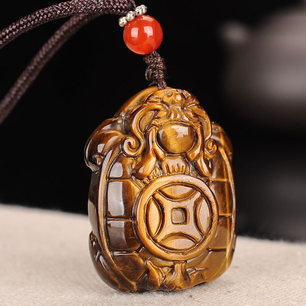 Natural AAA ice dark yellow tiger eye stone good luck oval 3D Dragon turtle pendant necklace