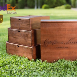 Caixas de fotos gravadas Caixa de lembrança de madeira Grande cartão de bebê personalizado Caixa de casamento grande