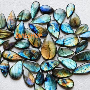Lote de cabochão de labradorita em formato de pera de fogo múltiplo, pedra preciosa labradorita azul, qualidade AAA, pedra solta para fazer joias de prata