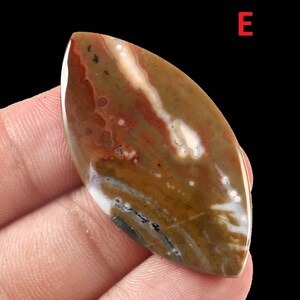 K&ouml;nnte beinhalten: Ein brauner, wei&szlig;er und roter Achat-Cabochon mit einem einzigartigen Muster aus Wirbeln und Flecken. Der Cabochon hat die Form einer Tr&auml;ne und eine glatte, polierte Oberfl&auml;che.