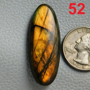 以下が含まれることがあります： 金色、緑色、黒色の模様が施された、大きな楕円形の虹色のラブラドライトの宝石。宝石は、アメリカの25セント硬貨と同じくらいの大きさです。