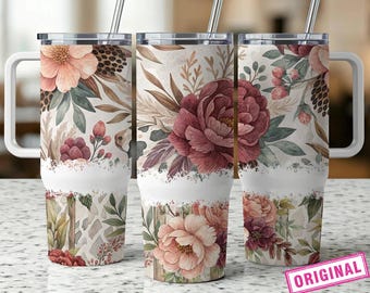 Rustic Floral 40oz Tumbler Wrap, Roses PNG Tumbler Design Sublimation Download, Boho Western Cow Print Sublimation Tumbler with Handle