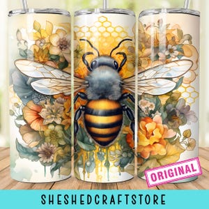 Watercolor Honey Bee With Honey Combs and Sunflowers Tumbler Wrap PNG Tumbler Design Sublimation Designs Downloads - Skinny 20oz - PNG Wrap