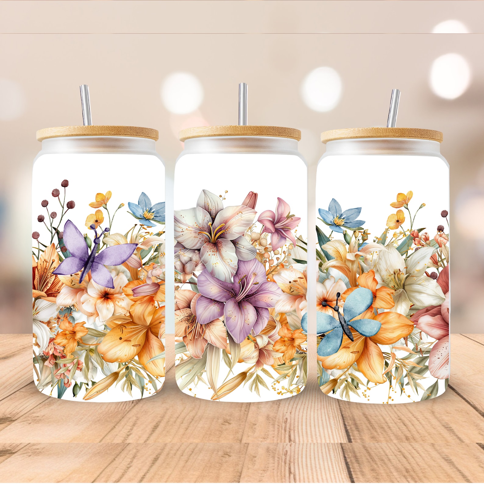 Boho Flowers 16oz Libbey Glass Can Sublimation Design, Floral and ...