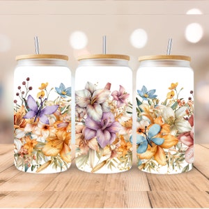 Boho Flowers 16oz Libbey Glass Can Sublimation Design, Floral and ...