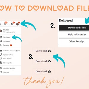 Pu&ograve; includere: Un'illustrazione grafica che mostra come scaricare file digitali su Etsy. I passaggi sono numerati da 1 a 3. Il passaggio 1 mostra uno screenshot dell'app Etsy con un menu di opzioni. Il passaggio 2 mostra un pulsante che dice "Scarica i file". Il passaggio 3 mostra un'icona di nuvola con la parola "Scarica" accanto. Il testo "Grazie!" &egrave; scritto in corsivo nella parte inferiore dell'immagine.