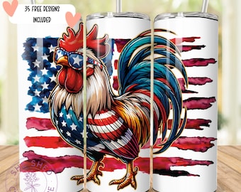4th Of July Rooster American Flag 20 oz Skinny Tumbler Sublimation Design, Highland Cow Tumbler Wrap, 4th Of July Tumbler Wrap