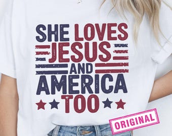Ze houdt ook van Jezus en Amerika png, christelijke png, 4 juli png, vierde juli png, Amerika png, Independence Day, sublimatieontwerpen