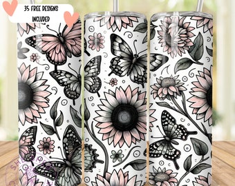 Sunflower and Butterfly tumbler wrap, 35 Free Wraps Included, Sublimation design templates, straight png Digital download. 20oz tumbler wrap