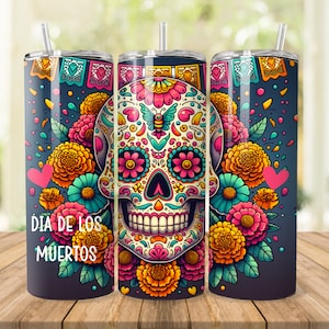 DIA De Los MUERTOS vintage Halloween Sugar Skull 20 oz Skinny Tumbler Wrap, Sublimation Design, PNG, Art floral coloré, Tradition mexicaine