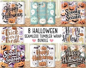 Può includere: Set di otto involucri per tumbler senza cuciture a tema Halloween. I design presentano vari elementi di Halloween, tra cui zucche, fantasmi, pipistrelli e il testo "Happy Halloween", "Spooky Season" e "Trick or Treat".