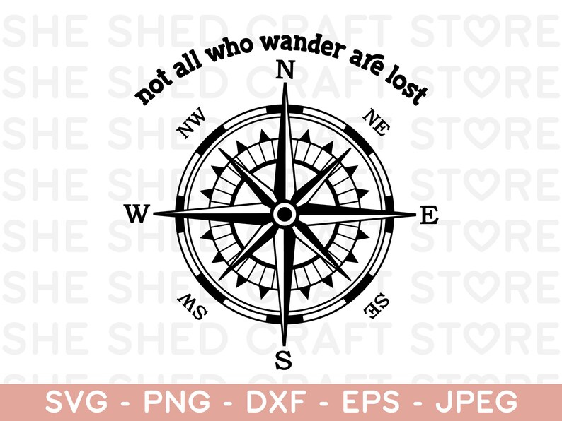May include: Black and white compass with the text "not all who wander are lost" around the compass. The compass points north, south, east, and west.