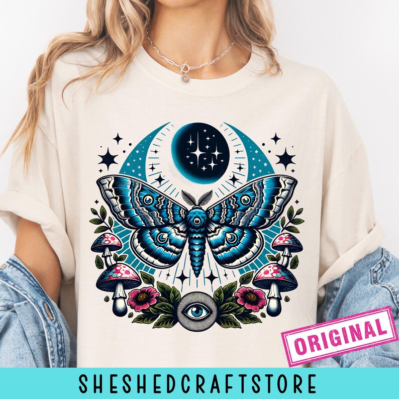 Luna Moth Png, Celestial Cottagecore Sublimation, Mystical Moon Png, Green Witch Boho Design, Mushroom Witchy Gift for Her image 1
