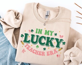 In My Lucky Teacher Era PNG, St Patricks Day Sublimation Design, Coquette Shamrock Shirt Graphic, DTF Transfer File