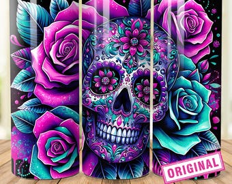 Floral Sugar Skull Tumbler Wrap, 20oz Skinny Sublimation Tumbler Design Glitter Sugarskull Sublimation Design Skeleton Rose Tumbler Png Wrap