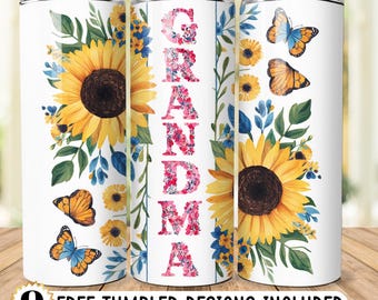 Grandma 20 oz Skinny Tumbler sublimation design, Flowers butterfly Watercolor floral digital PNG Straight tumbler wrap download