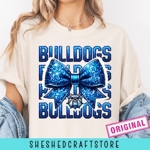 Bulldogs School Team Mascot Bow Shirt PNG, Royal Blue Team Football, Cheer, School Spirit, Game Day, Sport Mom Shirt Sublimation Design