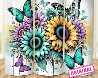 Teal Sunflowers Tumbler Wrap, Grandmillenial 20oz Skinny PNG, Pink Watercolor Sublimation Design, Watercolor Yellow Flowers Digital Download