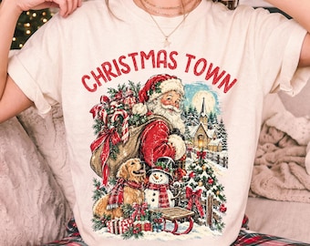 Vintage Santa Christmas PNG, Christmas Town Sublimation Design, Retro Santa Claus with Snowman and Dog, Christmas Shirt PNG, Holiday Clipart