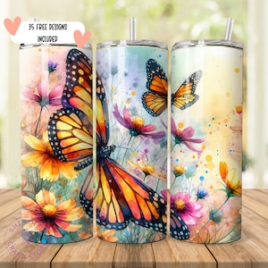 Designs de sublimação para envoltório de copo borboleta monarca, design de copo fino sem costura com tinta alcoólica borboleta de 20 onças, envoltório para copo sumlimation PNG