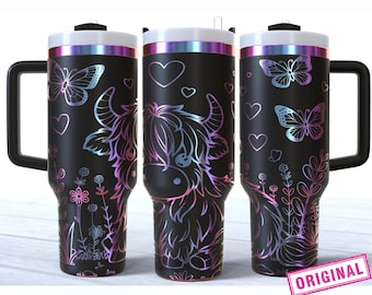 Highland Kuh Tumbler Wrap 40 Unzen Laser Signatur, Floral Laser graviert Mama Tumbler Laser-Datei, Laser Gravur SVG, 40 Unzen Tumbler Wrap SVG Design