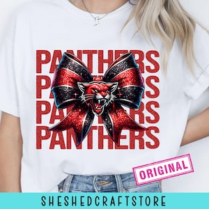 Panthers School Team Mascot Bow Shirt PNG, Glitter Red Team Football, Cheer, School Spirit, Game Day, Sport Mom Shirt Sublimation Design