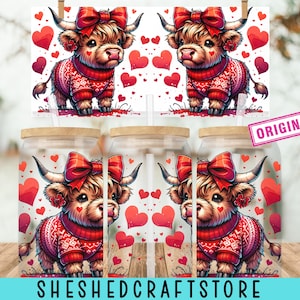 Baby Highland Cow Libbey Glass Wrap, Valentines Day Tumbler Sublimation Design PNG, Hearts 16Oz Glass Can Wrap Seamless PNG Digital Download