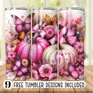 Pink Pumpkin Ribbon Awareness Breast Cancer Survivor Tumbler Wrap 20 oz Skinny Tumbler Sublimation Design Digital Download PNG Instant