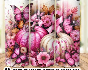 Rosa Kürbis Band Bewusstsein Brustkrebs Überlebende Tumbler Wrap 20 Unzen Skinny Tumbler Sublimation Design Digital Download PNG Instant