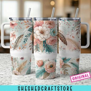Pastel Flower Wrap for 40oz Tumbler, Boho Floral PNG Tumbler Design, Feather Sublimation Designs Downloads for 40 oz Tumbler