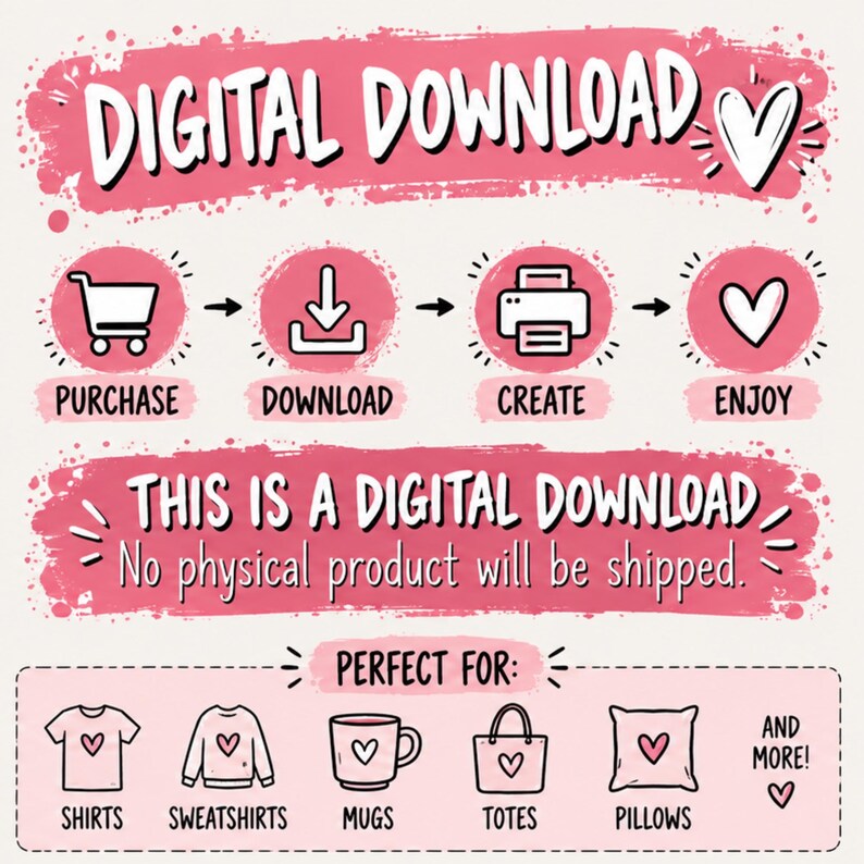 Pu&ograve; includere: Un grafico di istruzioni per il download digitale con sfondi a pennellate rosa. Presenta icone per acquistare, scaricare, creare e divertirsi, seguite dal testo: Questo &egrave; un download digitale. Nessun prodotto fisico verr&agrave; spedito.