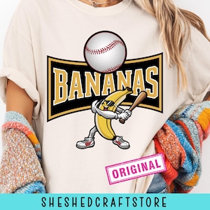 Let&#39;s Go Bananas Baseball PNG Sports Team Mascot Funny Banana Playing Baseball Sublimation Digital Download Printable Shirt Apparel