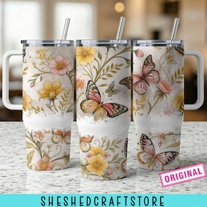 Floral Butterfly 40Oz Tumbler Wrap, Butterflies Sublimation Tumbler Design Wildflowers 40Oz Png Digital Download Flowers Nature 40Oz Tumbler
