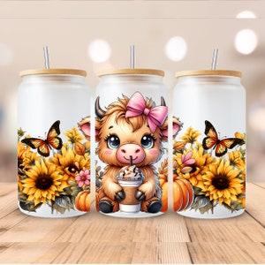 Baby Highland Cow Libbey glasfolie, zonnebloemen herfst beker sublimatie ontwerp png, bloemen 16 oz glas kan inpakken png, digitale download