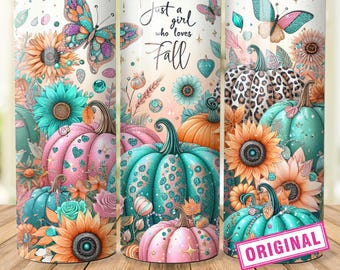 Fall Tumbler Wrap, 20oz Skinny Sublimation Tumbler Design, Pastel Pumpkin Just A Girl Sublimation Design, Floral Fall Tumbler Png Downloads