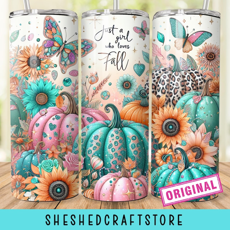 Fall Tumbler Wrap, 20oz Skinny Sublimation Tumbler Design, Pastel Pumpkin Just A Girl Sublimation Design, Floral Fall Tumbler Png Downloads image 1