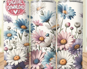 May include: Three cylindrical tumblers with straws, each featuring a white background decorated with a pattern of daisies in shades of blue, pink, and white. A circular pink badge on the left tumbler contains the text DIGITAL DOWNLOAD.