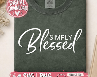 May include: A dark olive green t-shirt with a crew neckline and a Comfort Colors label at the neck. The shirt features the white text "SIMPLY Blessed" in a combination of script and sans-serif fonts printed on the center chest area.