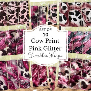 Cow Print pink glitter tumbler wrap PNG design Western black and white cowhide print Sparkle 20 oz skinny tumbler Straight digital wrap