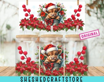 Weihnachts-Highland-Kuh Libbey Glasverpackung, 16 Unzen Libbey Wrap Sublimationsdesign Png, Glasdosenverpackung PNG, Weihnachtsglastasse, Design-Download