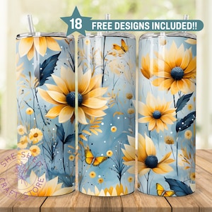 Floral Tumbler Wrap, 20 Unzen dünner Becher Sublimation Design-Downloads, Boho Blumenbecher PNG, Becher Design Wrap PNG