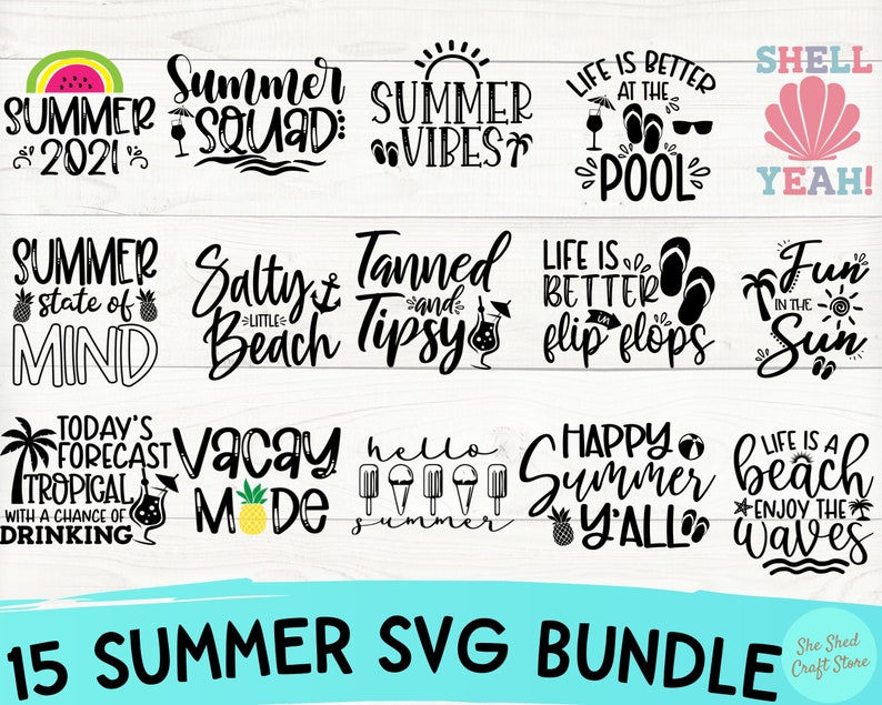 以下が含まれることがあります： 夏をテーマにした白黒のSVGファイル15個セット。デザインには、「サマースクワッド」、「サマーバイブス」、「ソルティビーチ」、「日焼けして酔っ払い」、「ビーチサンダルで過ごす人生は最高」、「太陽の下で楽しむ」、「ハッピーサマーヤル」、「人生はビーチ、波を楽しもう」などのフレーズが含まれています。